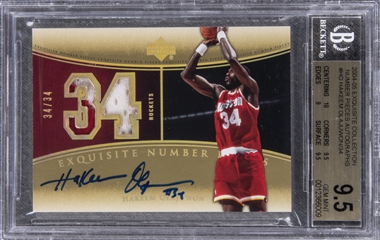 2004-05 UD "Exquisite Collection" Number Pieces Autographs #HO Hakeem Olajuwon Signed Game Used Patch Card (#34/34) – BGS GEM MINT 9.5/BGS 10 – Hakeems Jersey Number! 